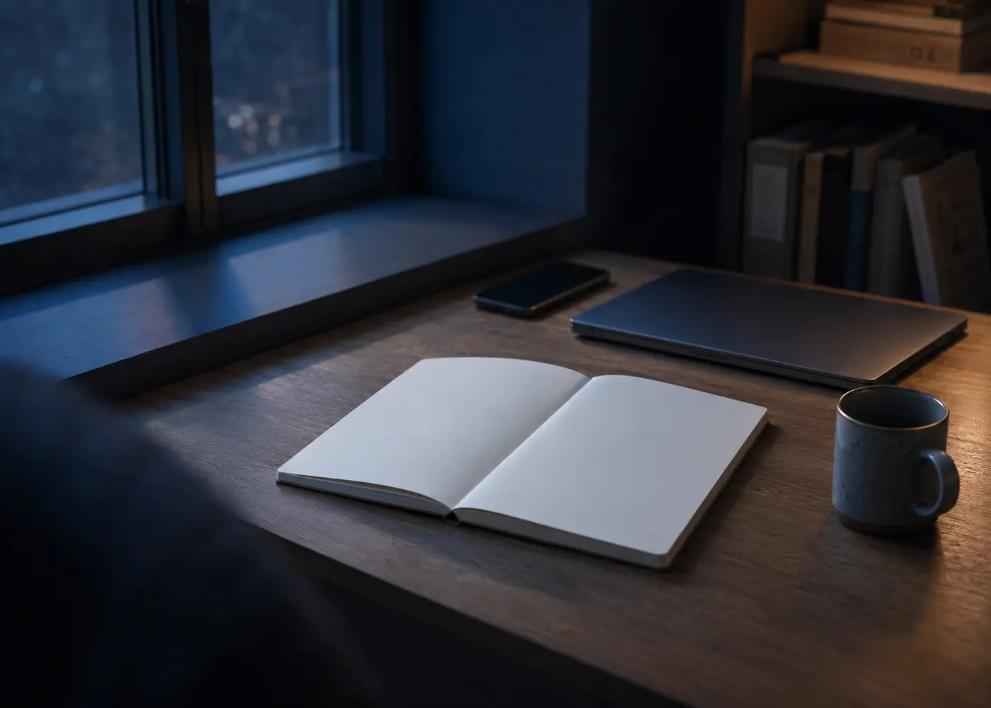 An open blank notebook on a desk with a closed laptop and phone set aside.