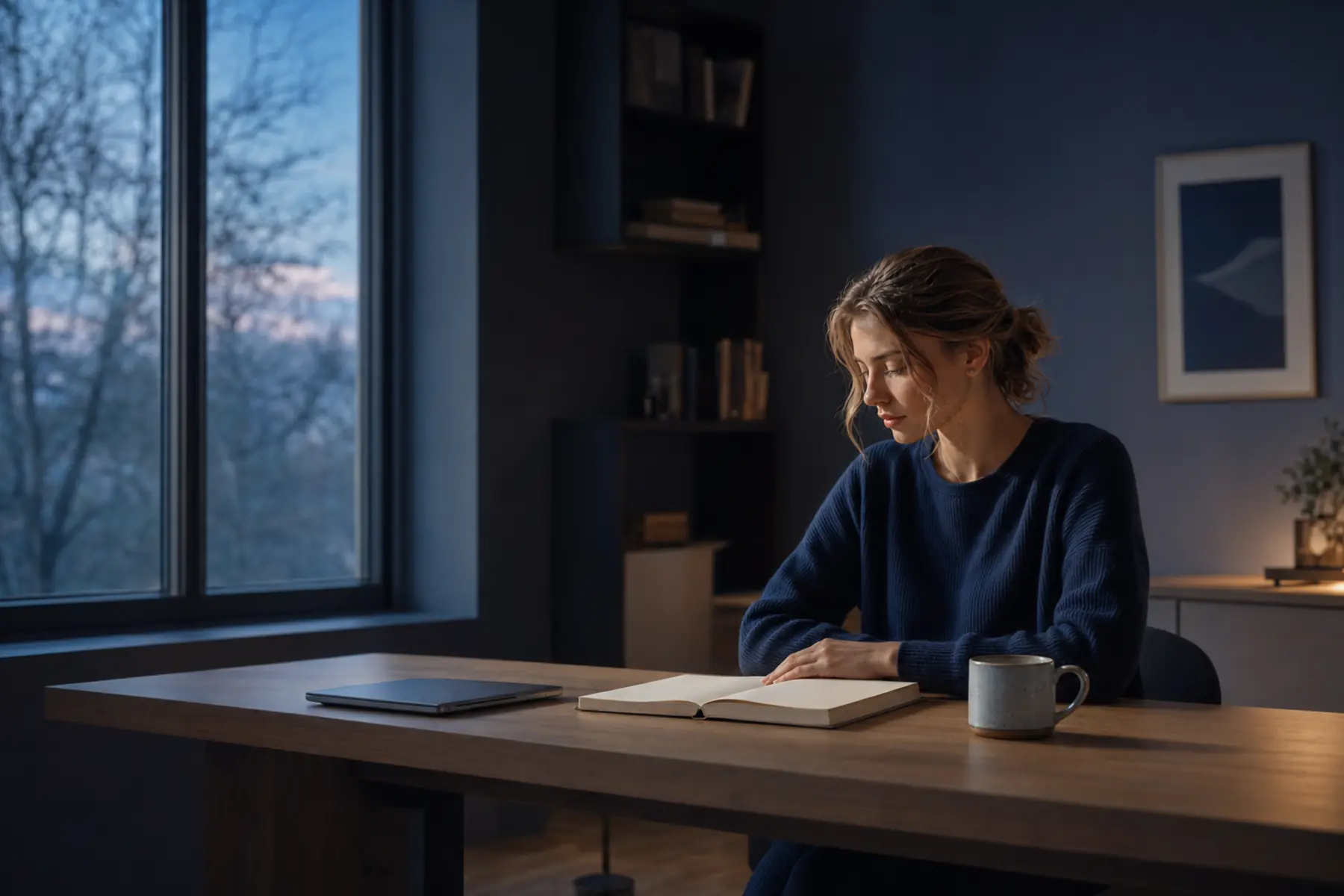 A woman reads and writes at a table by a window in blue evening light.
