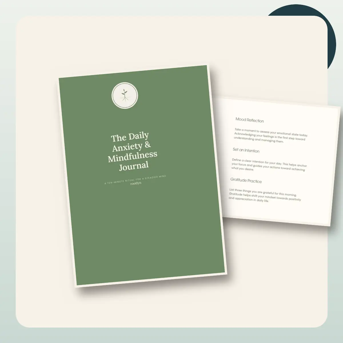 The Daily Anxiety & Mindfulness Journal cover shown with an interior check-in page.