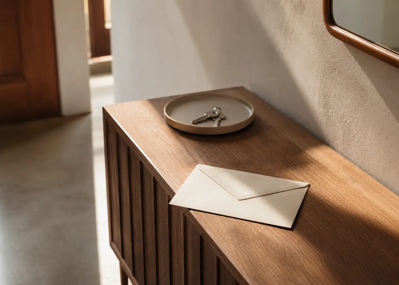 An unopened envelope rests on a wooden hall table beside a small dish and keys.