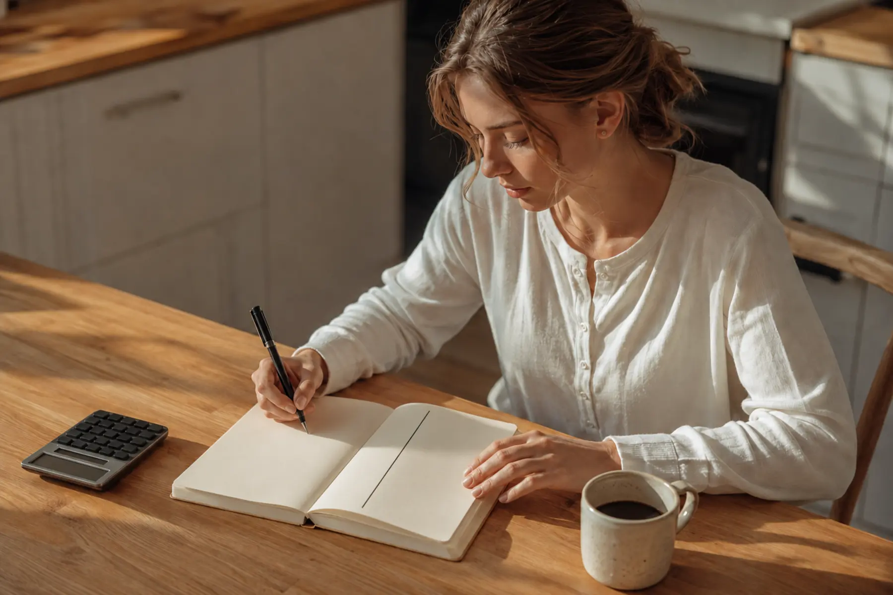 A woman studies an open notebook at a kitchen table in warm morning light, with a calculator set to one side.