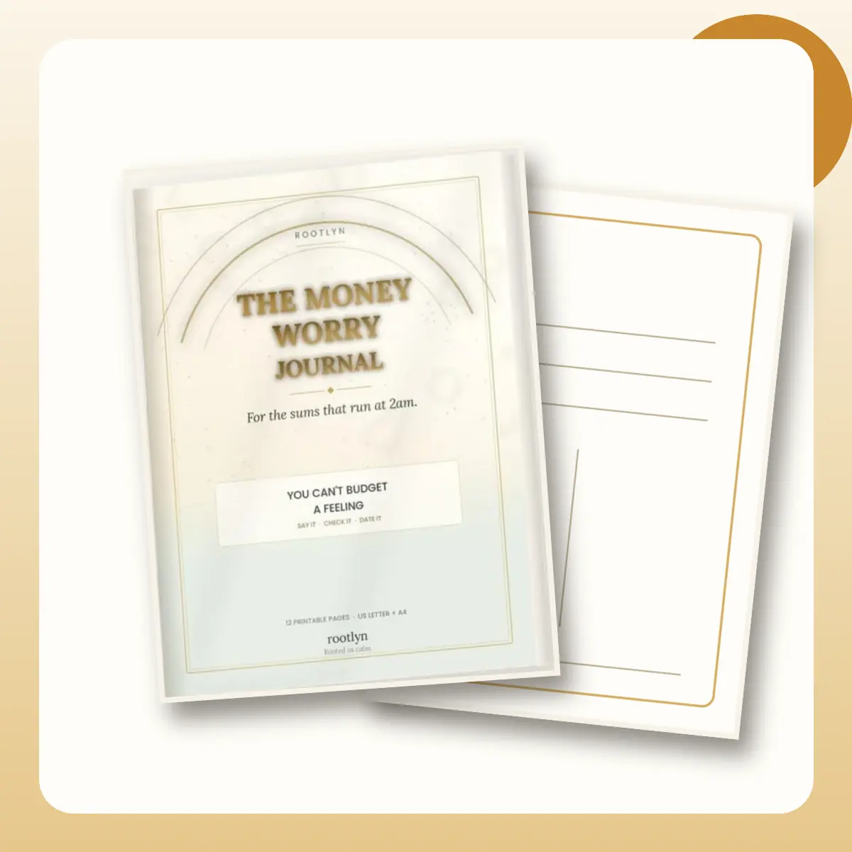 The Money Worry Journal cover shown beside an unmarked interior layout page.