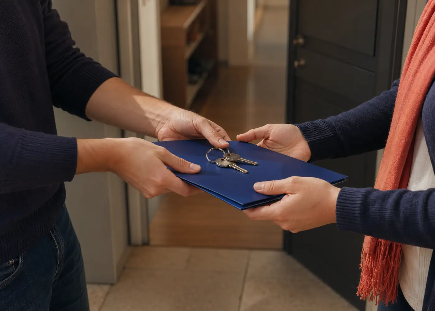One person hands keys and a cobalt folder to another person in a doorway.