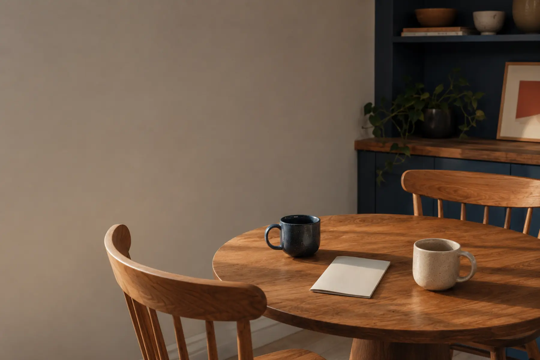 Two chairs and two mugs at a round table with a folded blank note between them.