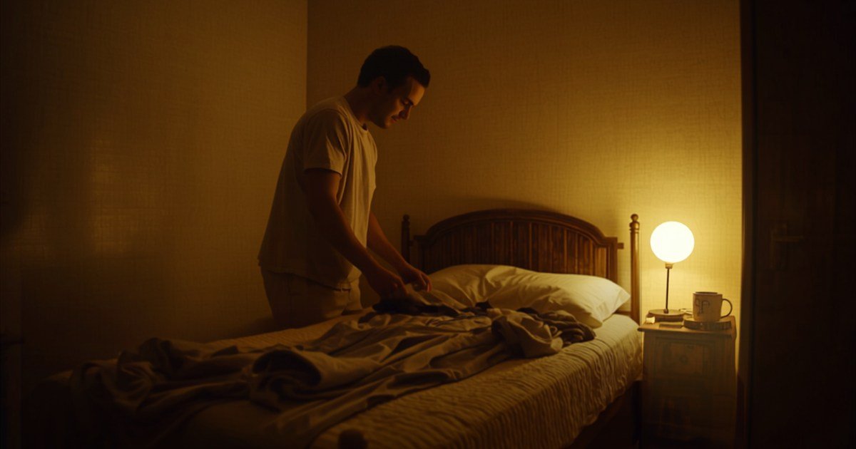 A person laying out work clothes on a bed in the evening.