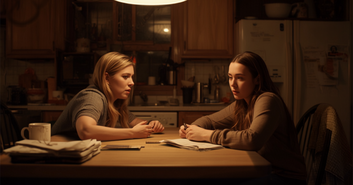 Two people sitting at a kitchen table in the evening, one writing a short list.