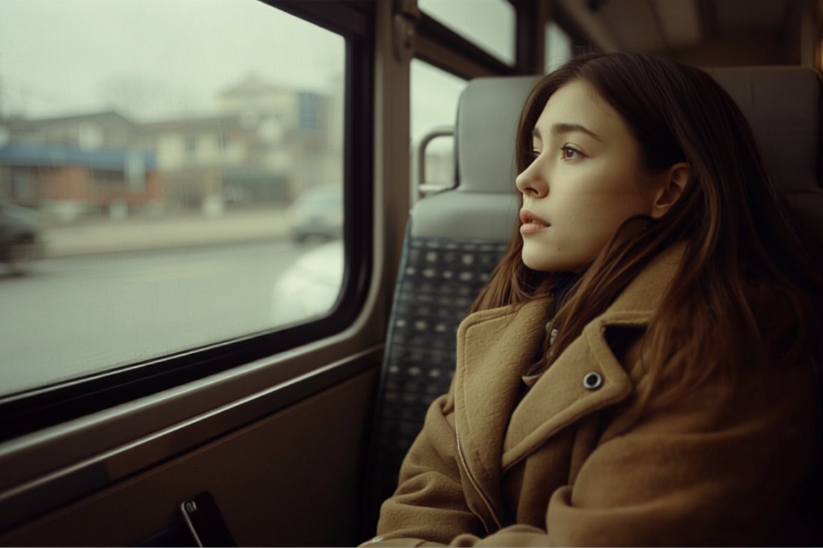 A person on a bus looking out of the window with a phone in their lap.