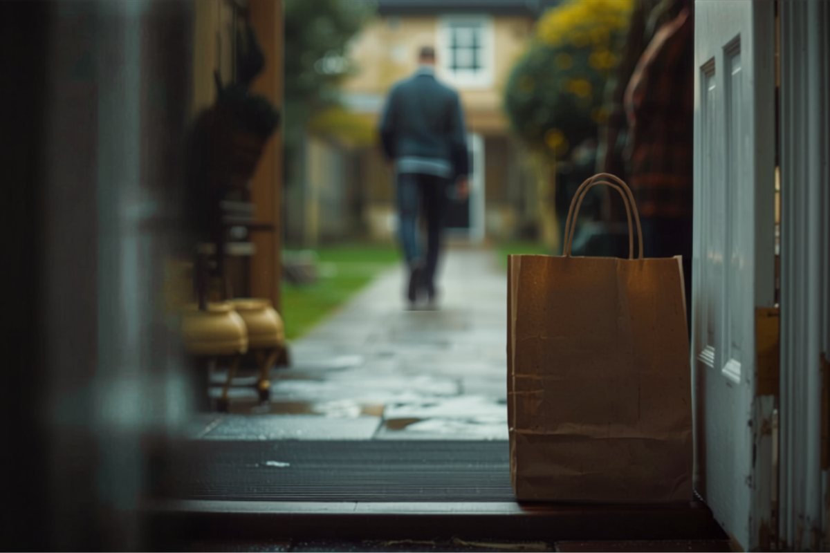 A bag of shopping left on a doorstep as someone walks away.