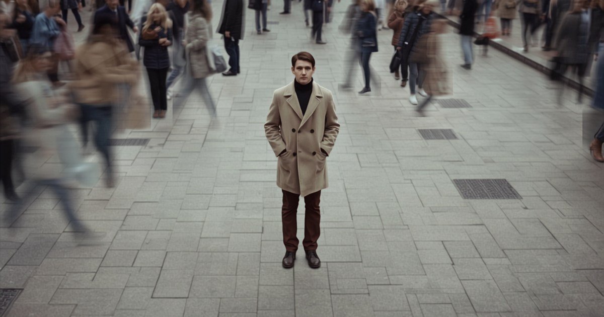 A person standing still on a pavement while others walk past.