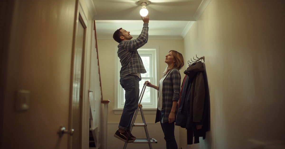 A person changing a lightbulb on a stepladder while their friend steadies it.