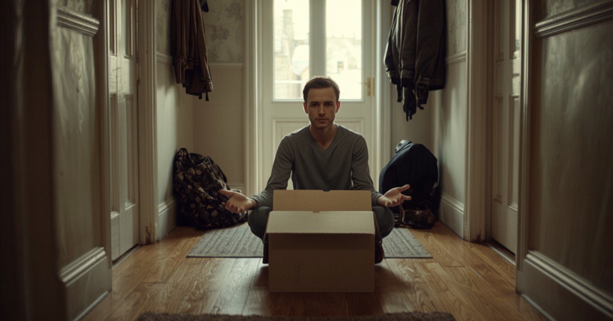 A person sitting in a hallway beside an opened delivery, looking unimpressed.