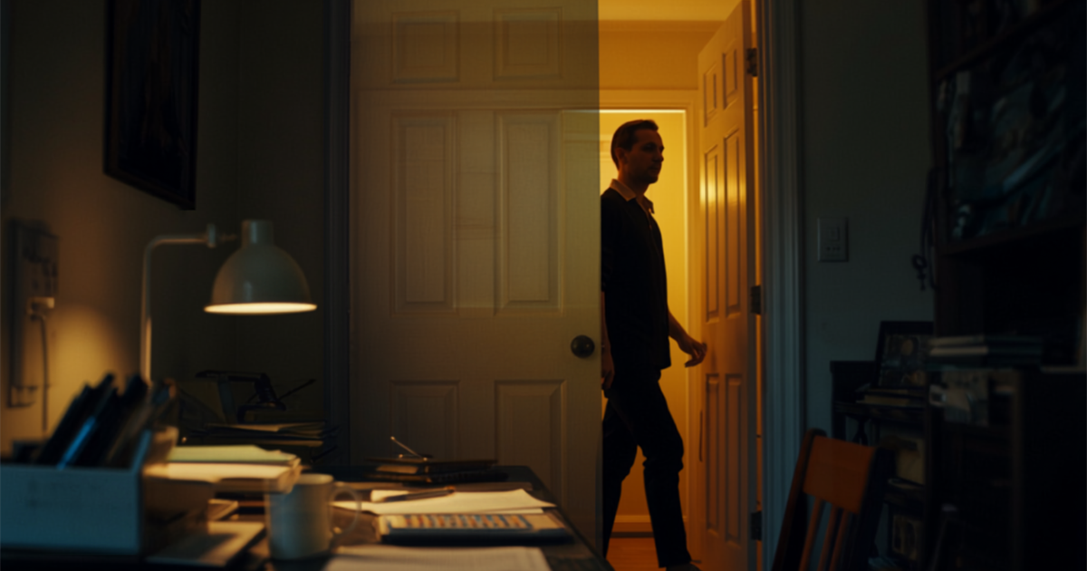 A person walking alone along a residential street at dusk.