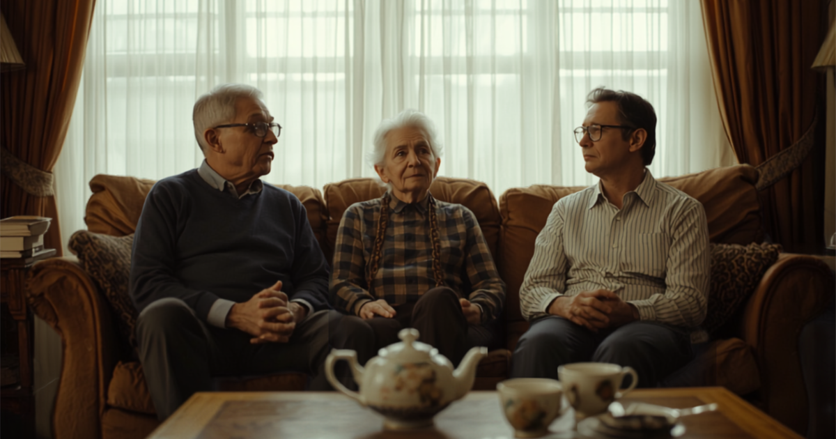 An adult and their older parent sitting together on a sofa in conversation.