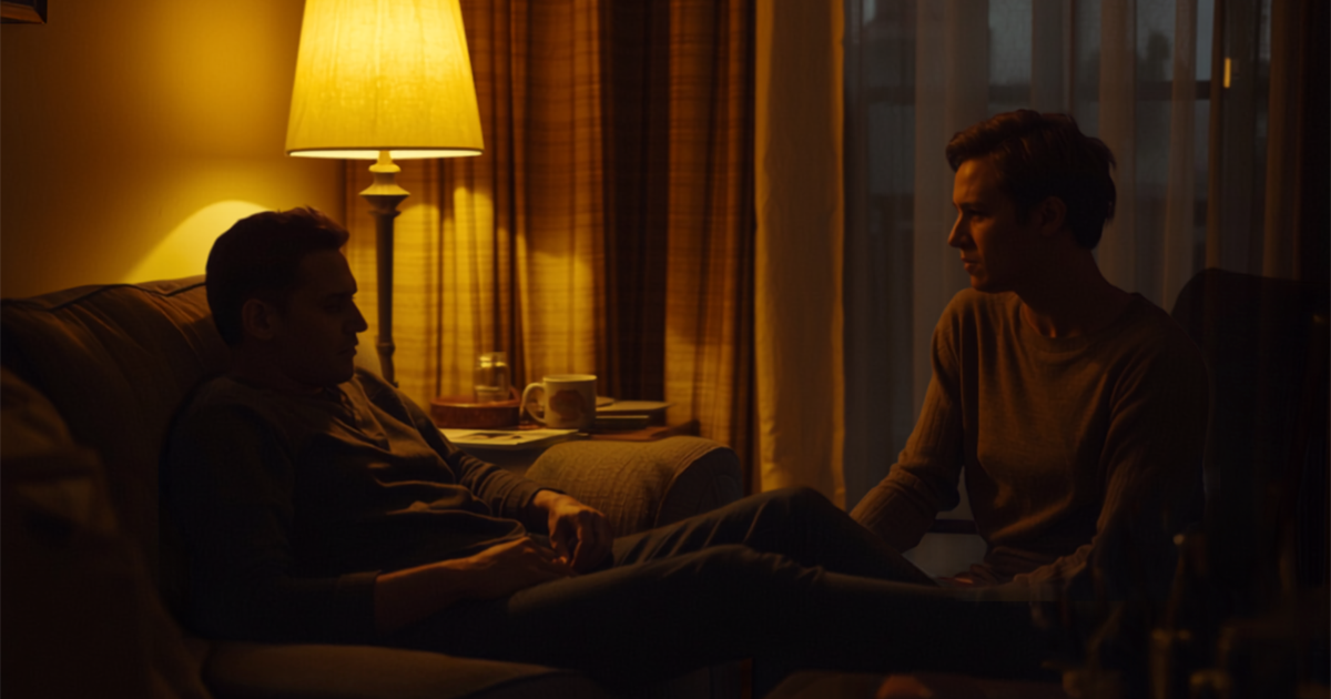 Two people sitting at a table in daylight after a difficult conversation.