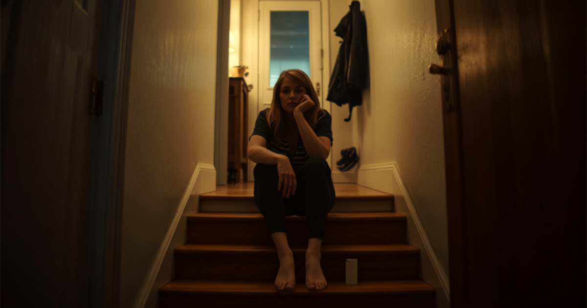 A person sitting on the bottom stair at home in the evening with their phone face down.