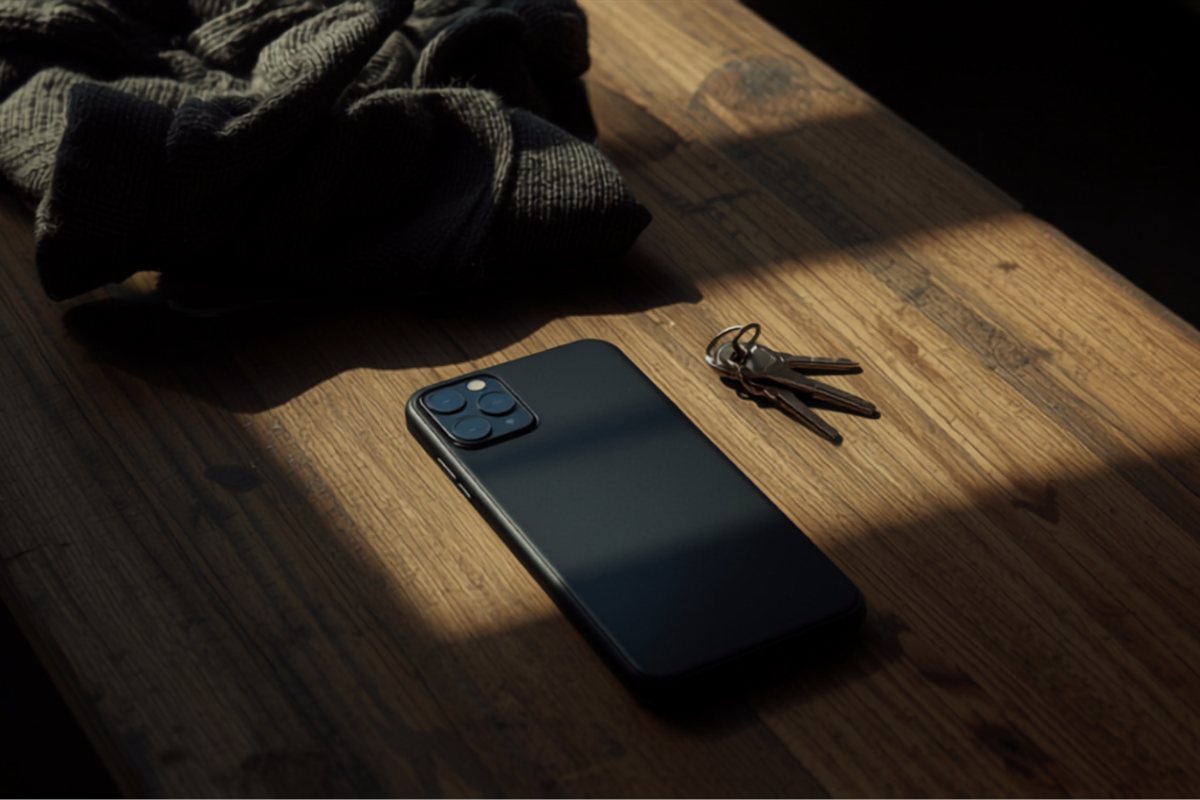A phone lying face down on a table beside a coat and a set of keys.