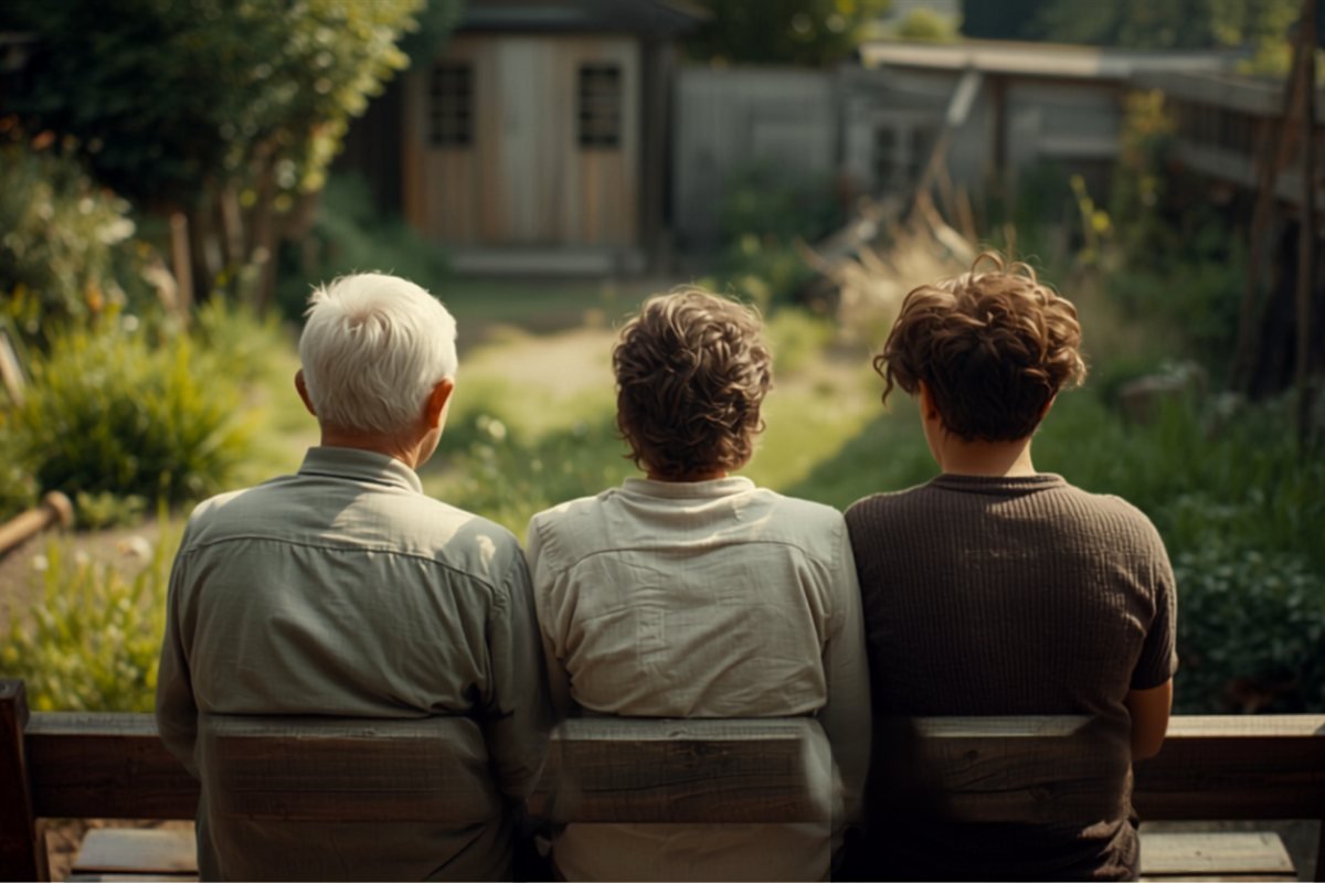 Three family members of different ages sitting together on a garden bench.