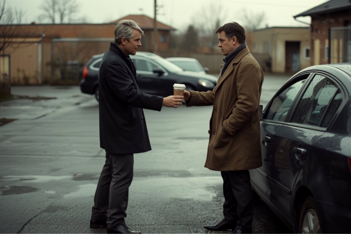One person handing another a coffee outside, both in conversation.