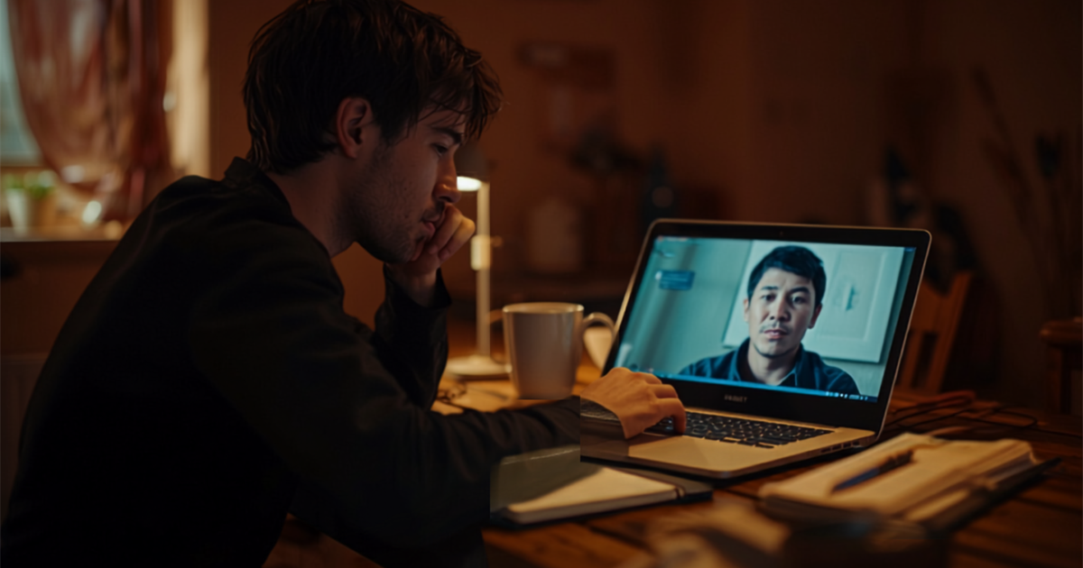 Two adult siblings talking over a video call about caring for their parent.