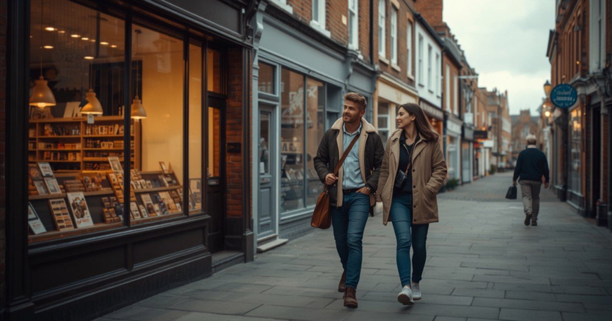 A couple walking through town on a Saturday, one looking at a shop window.