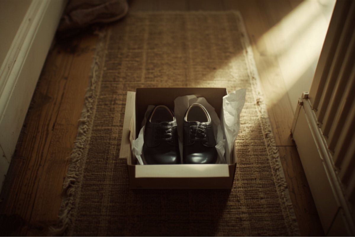A pair of new school shoes in an open box on a hallway floor.