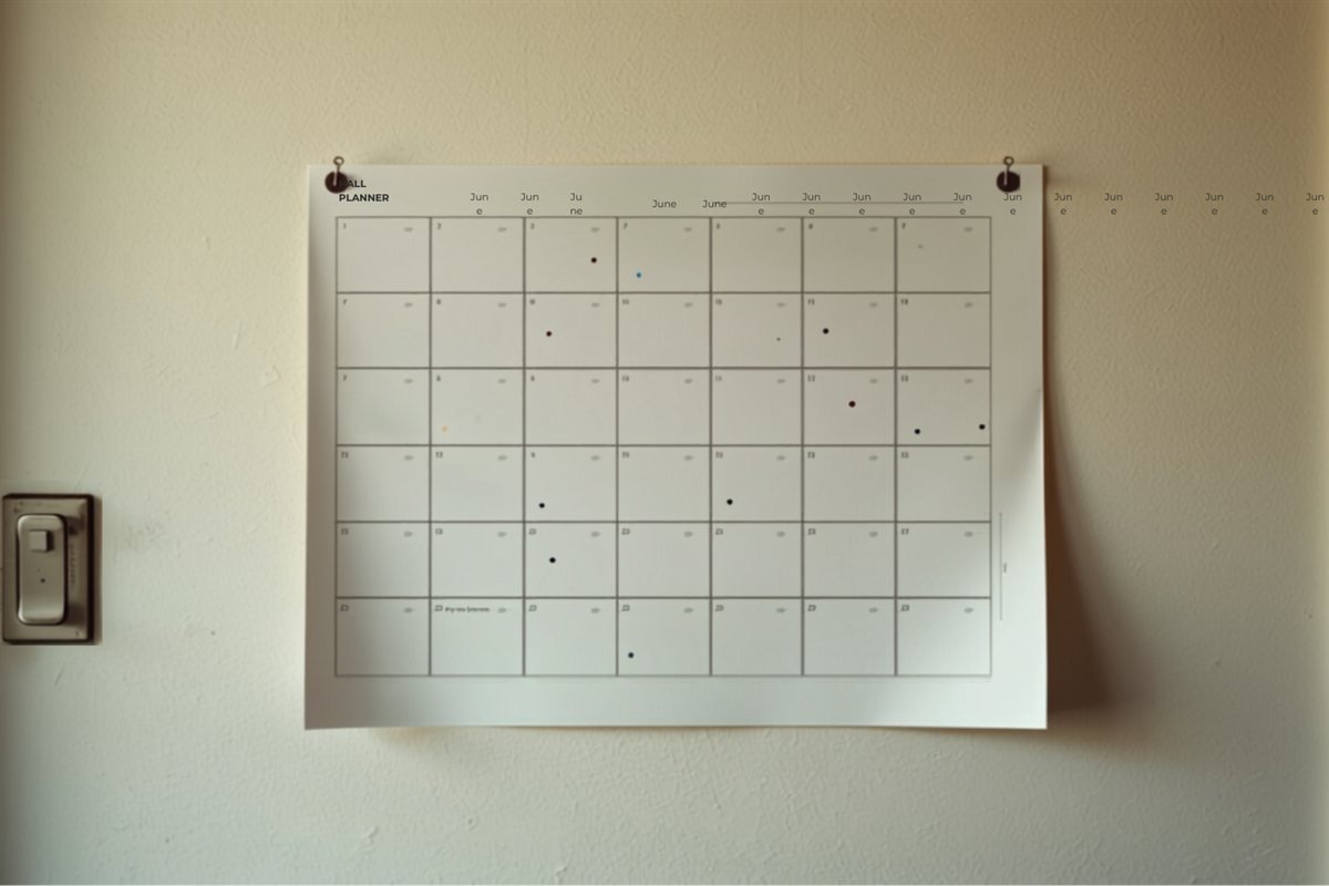 A wall planner in a hallway with a few dates marked on it.