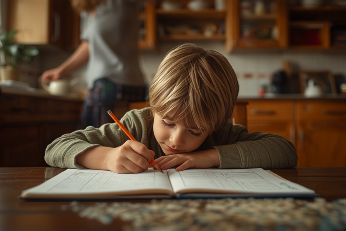 A child doing homework at a table with an adult in the kitchen behind them.