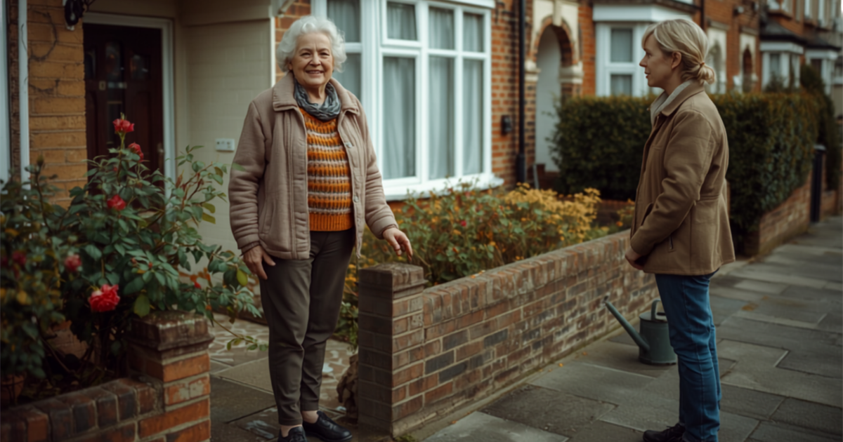 An older person gardening at their front gate, talking with an adult child standing on the path.