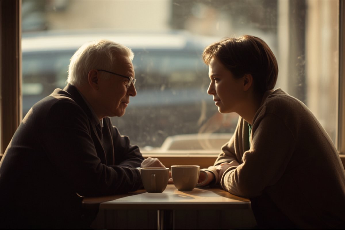 Two adults talking across a cafe table in the afternoon.