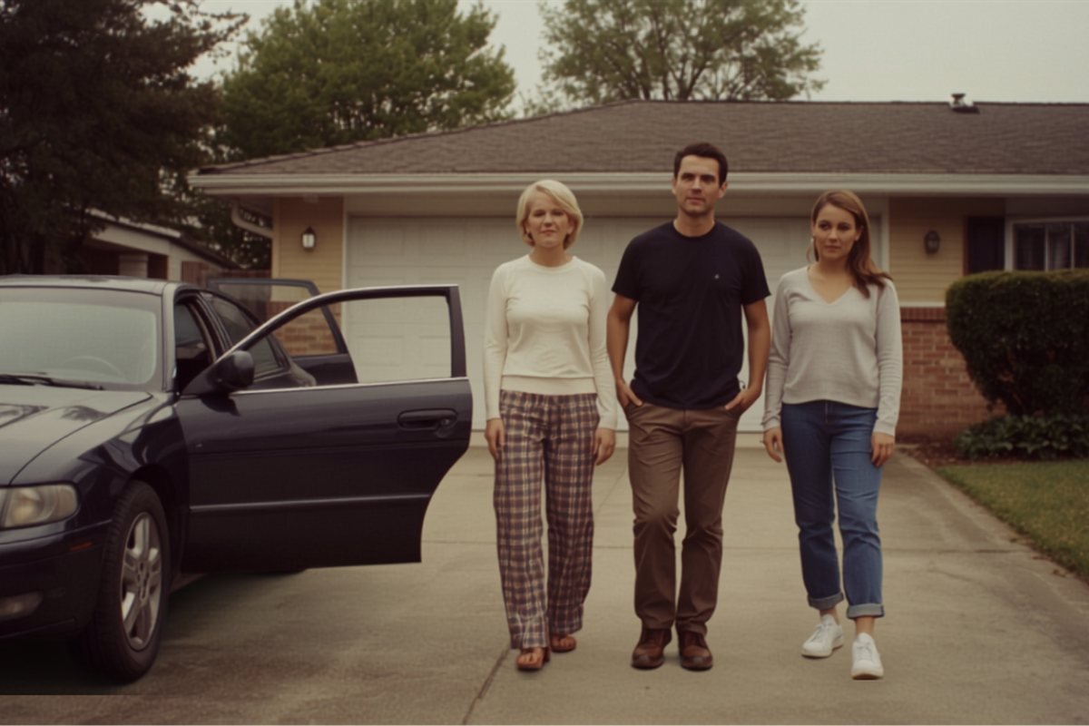 Three adult siblings talking in a driveway beside a car after a visit.