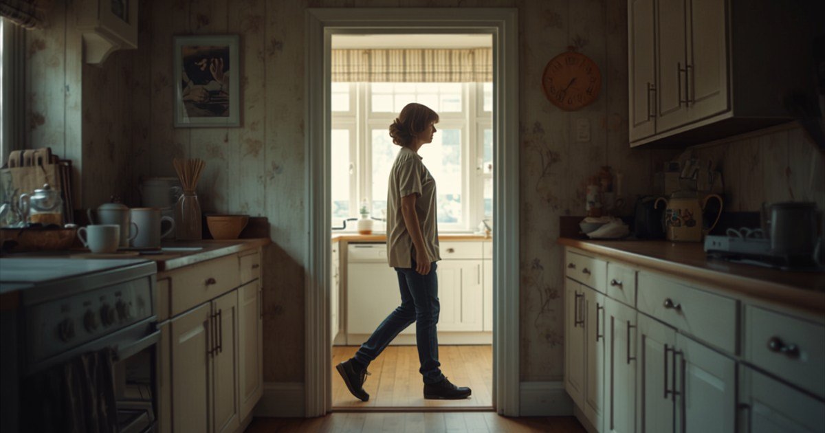 A person pausing in a kitchen doorway and glancing at the wall as they pass.