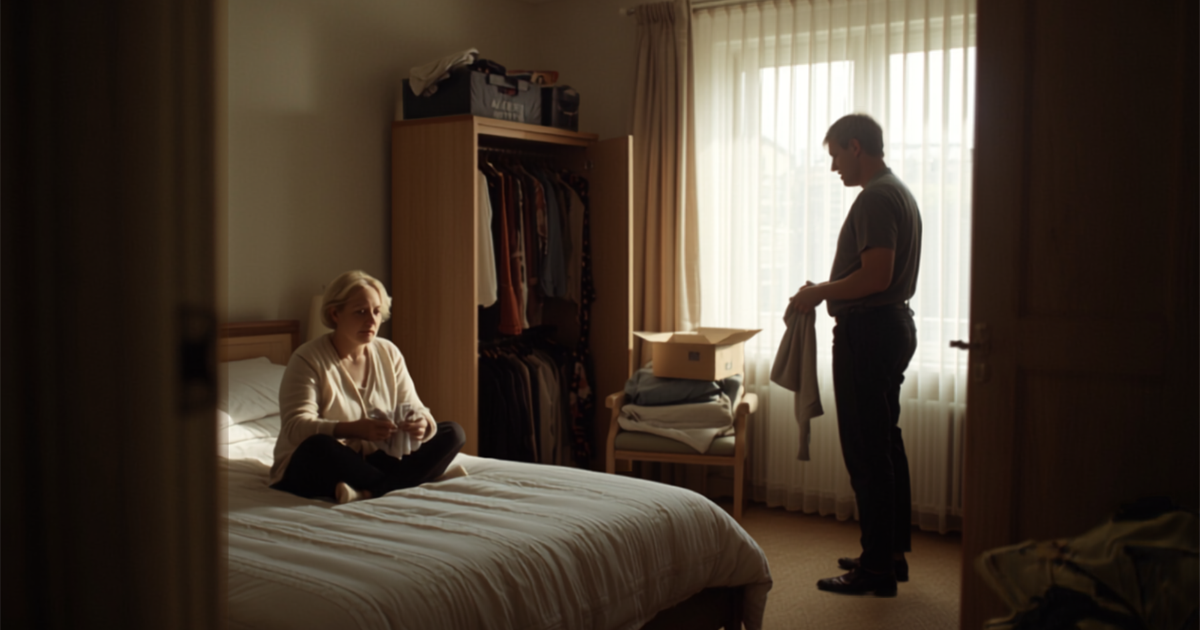 Two adults sitting on a bedroom floor sorting belongings into boxes together.