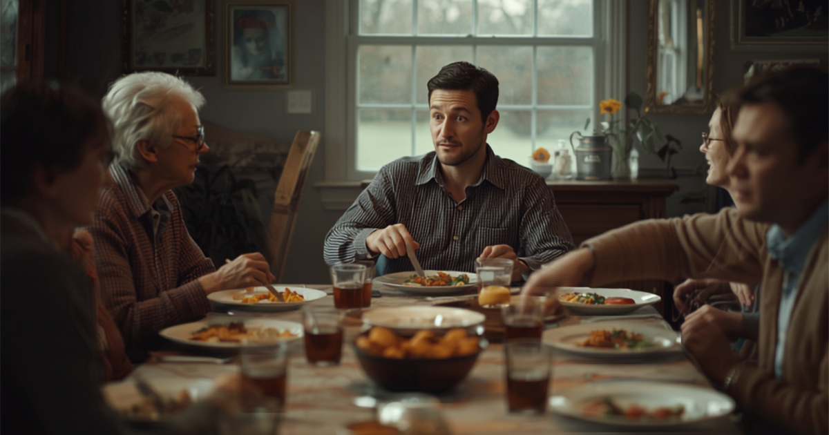 A busy family gathering around a table with several conversations happening.