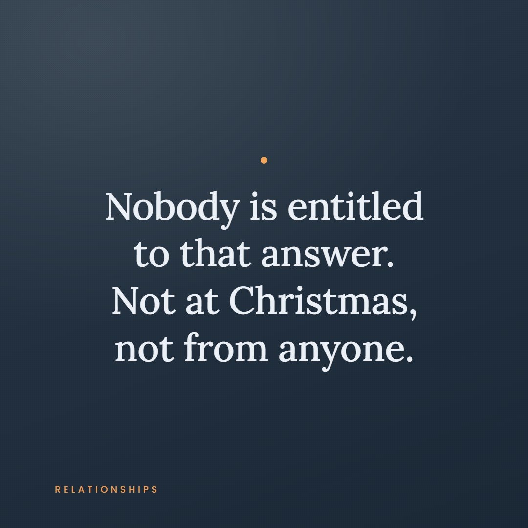 A quote card reading, nobody is entitled to that answer, not at Christmas, not from anyone.