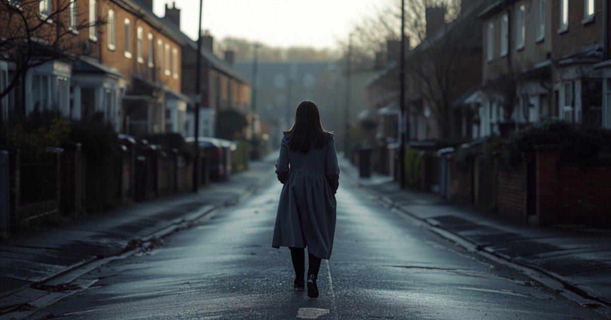 A person walking along a street early in the morning in cold air.