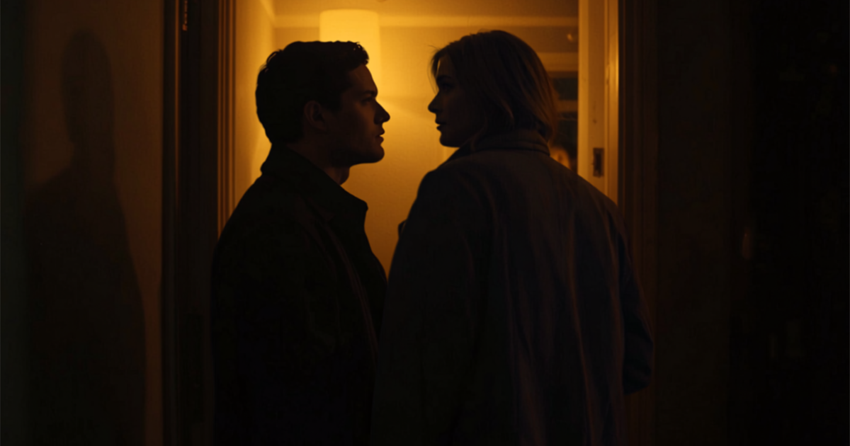 A couple talking in their kitchen, one at the counter and one in the doorway.