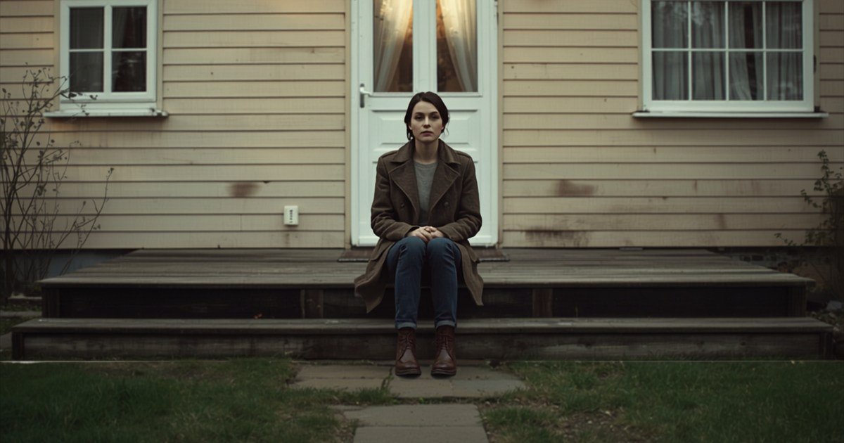 A person sitting on their back doorstep in the afternoon doing nothing.