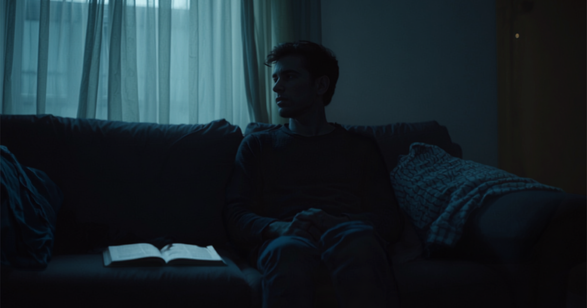 A person sitting on a sofa in low late-afternoon light doing nothing.
