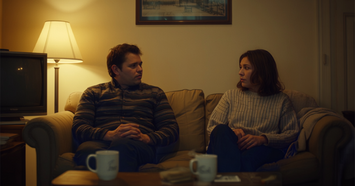 A couple looking at furniture together in a shop, one keen and one hesitant.