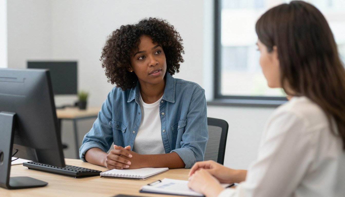A Black woman and a White woman discussing a calendar across a desk in a modern office