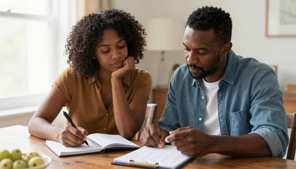 A couple seated at their dining table writing their agreed financial decisions into a notebook
