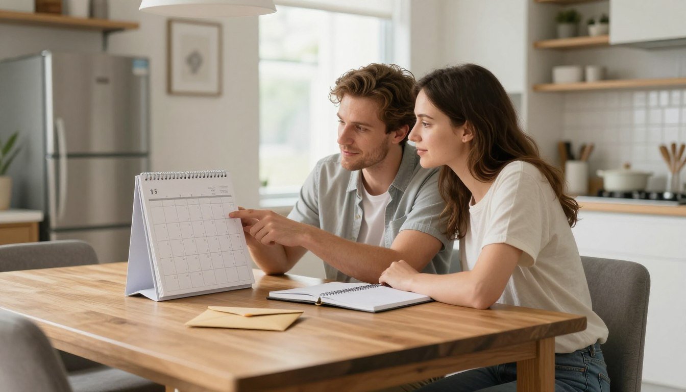 A couple sitting at their kitchen table reviewing monthly bills and household expenses together