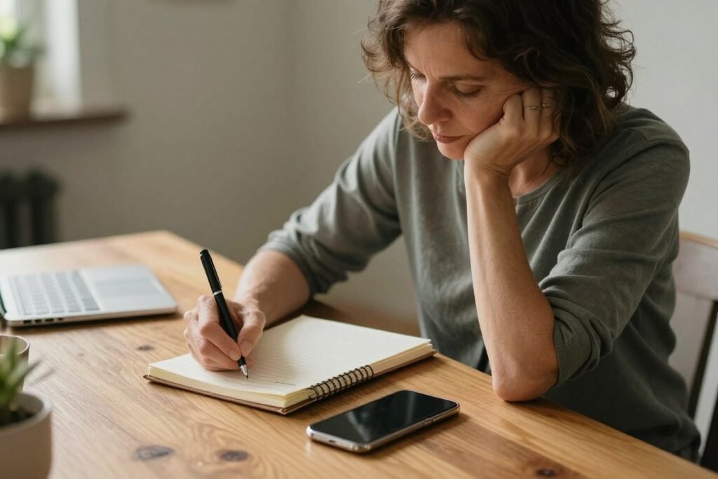 A woman writing thoughtfully in an unbranded notebook at a home desk with her phone face down