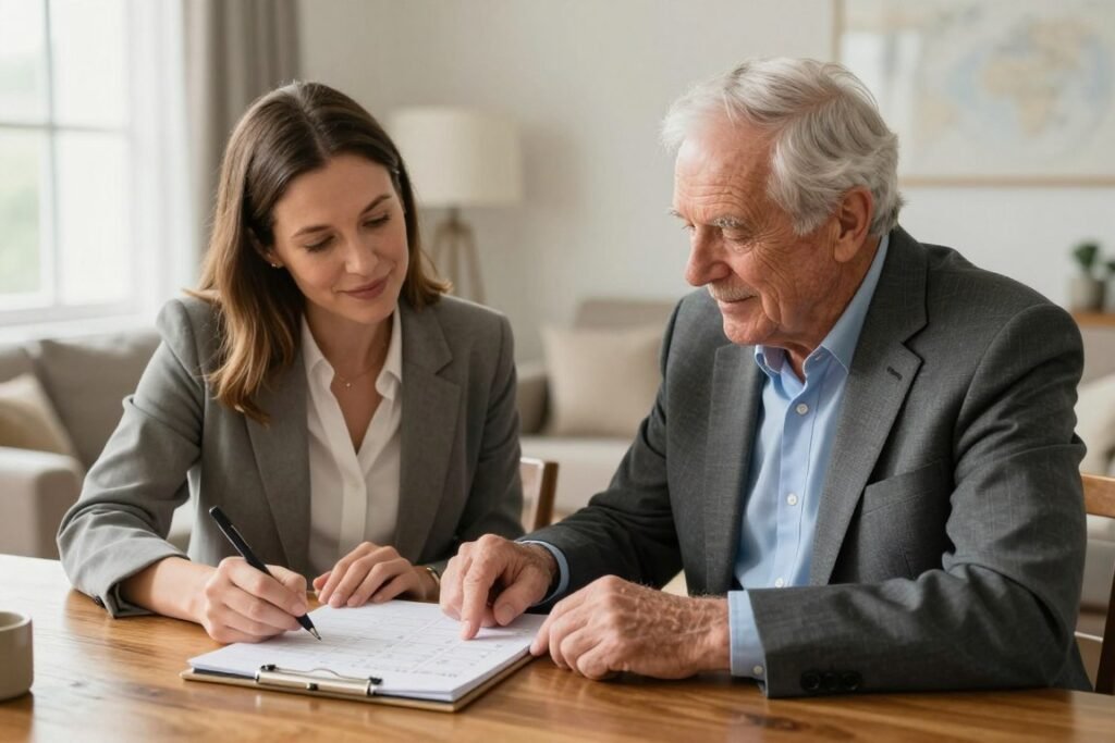 Adult daughter and senior father reviewing paperwork together at a living room desk
