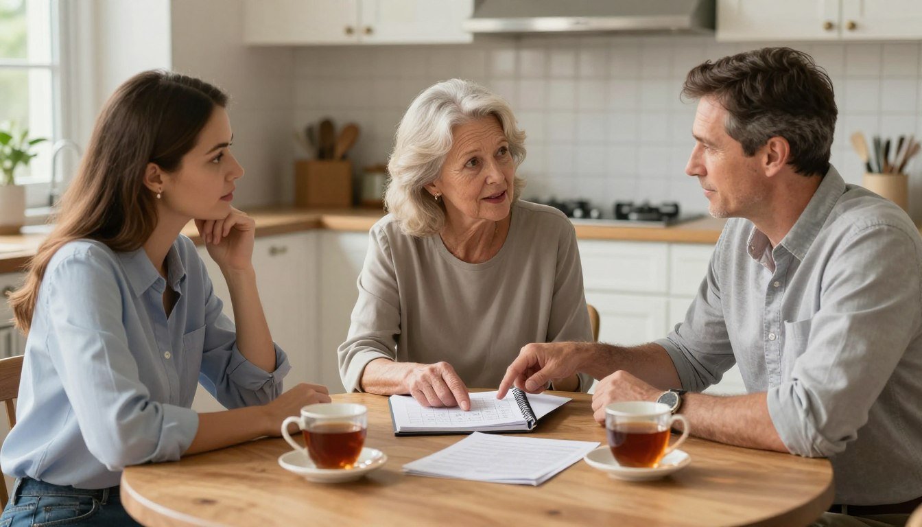 An older USA adult and adult family members talking together at a sunlit kitchen table