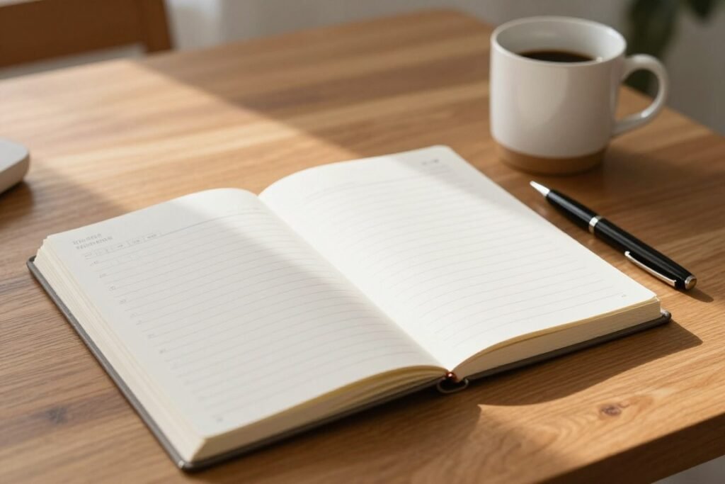 Family calendar and notes resting beside a cup of coffee on a wooden table